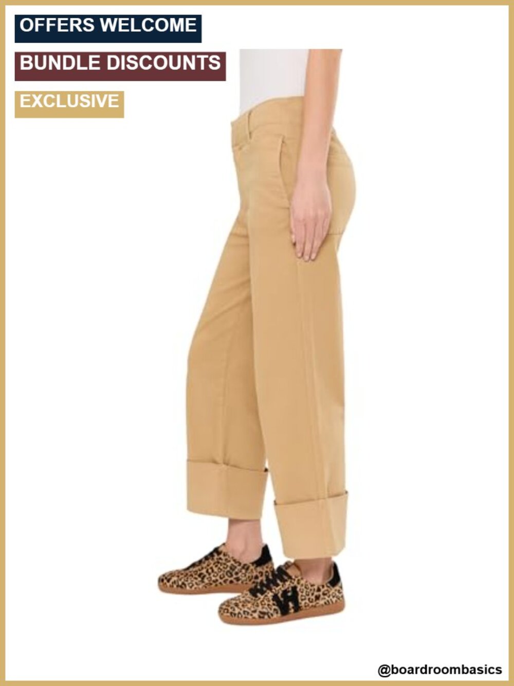 High-Rise Straight Leg Roll Up Chino Pants Cotton Blend - Picture 2 of 4